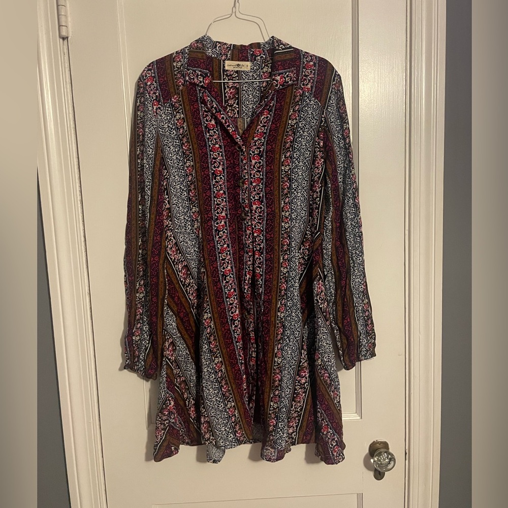 Natural Life Ansley Woven Tunic Mini Shirt Dress Size Small Button Mix Print